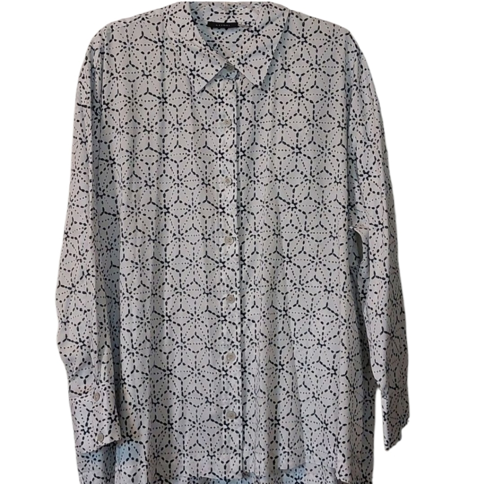 Natori Asagao Button Up Cotton Sateen Blouse White And Black XL NWOT